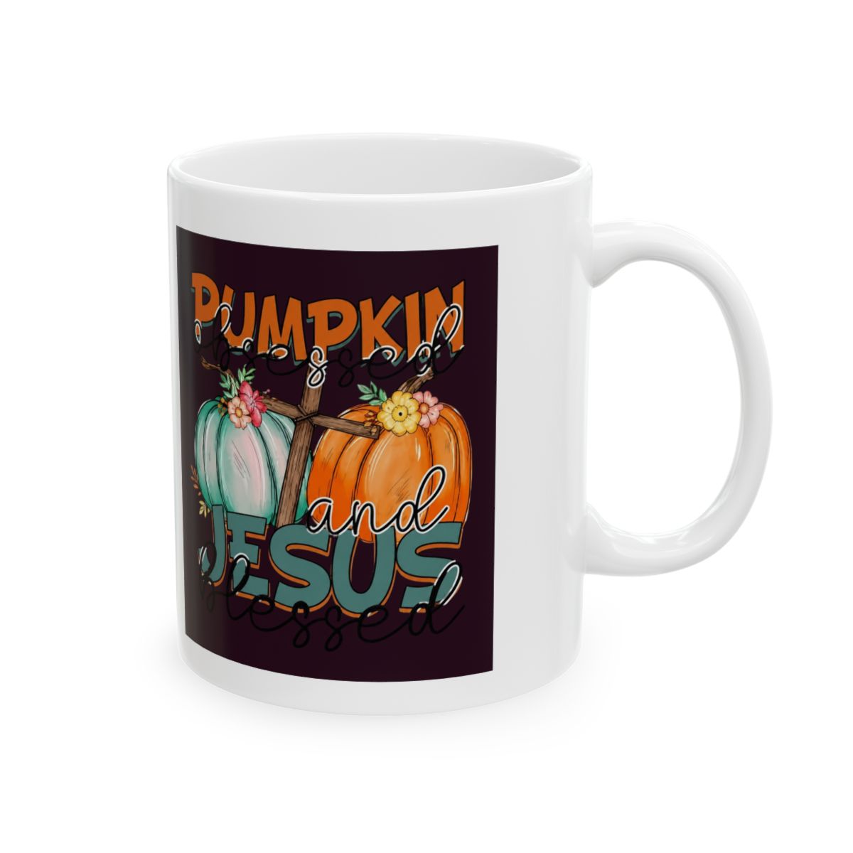 Pumpkin Obsessed and Jesus Blessed, Fall or Autumn Art Merch Gift, White 11oz Ceramic Mug | Blessd